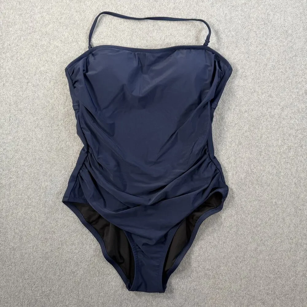 J.Crew Women's Medium Navy Blue Ruched Cut Out Back One Piece Swimsuit Strapless